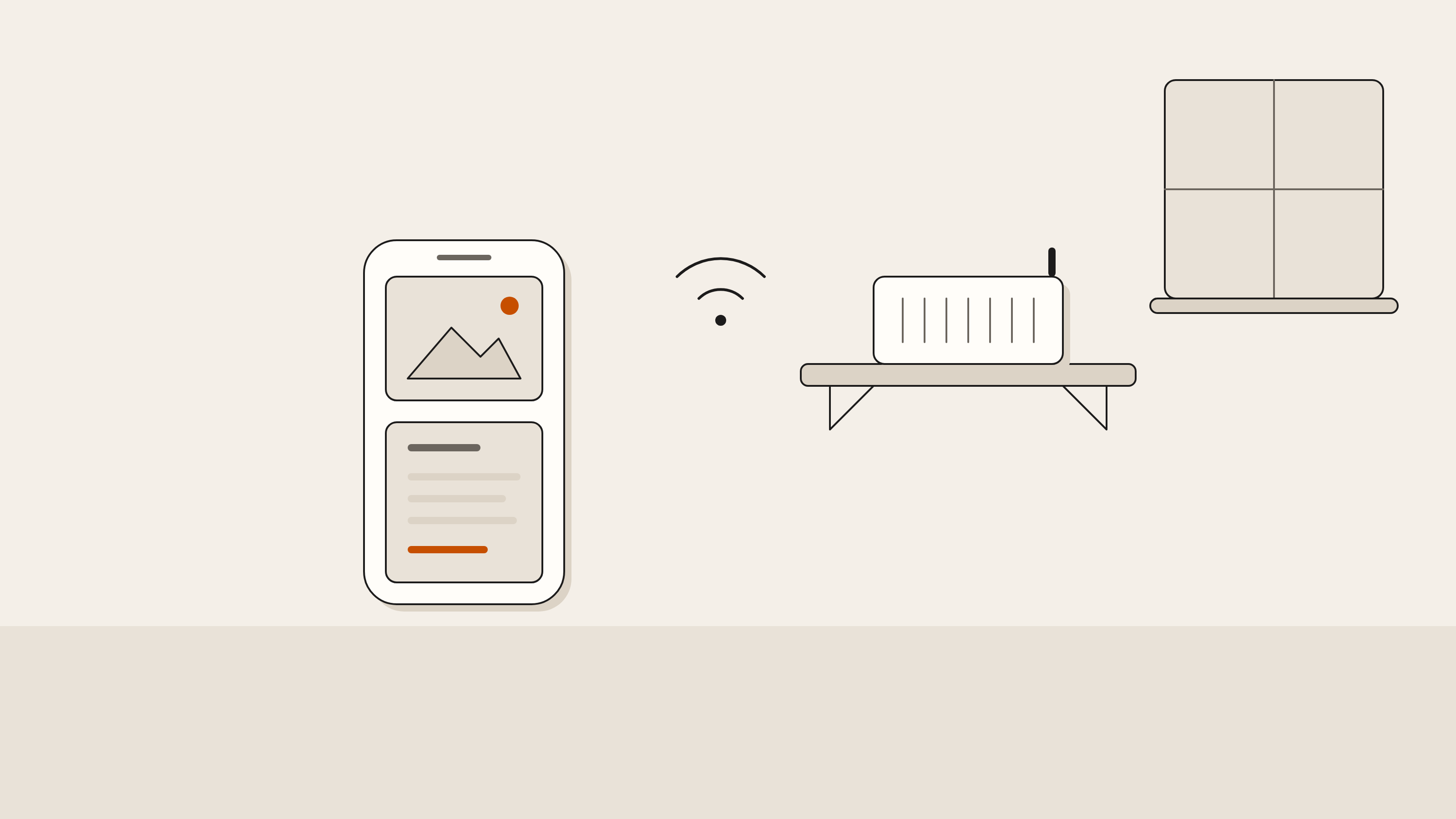 Flat illustration of a small box on a clinic shelf and a phone in the foreground joined to it over Wi-Fi, the phone showing a photo and an answer