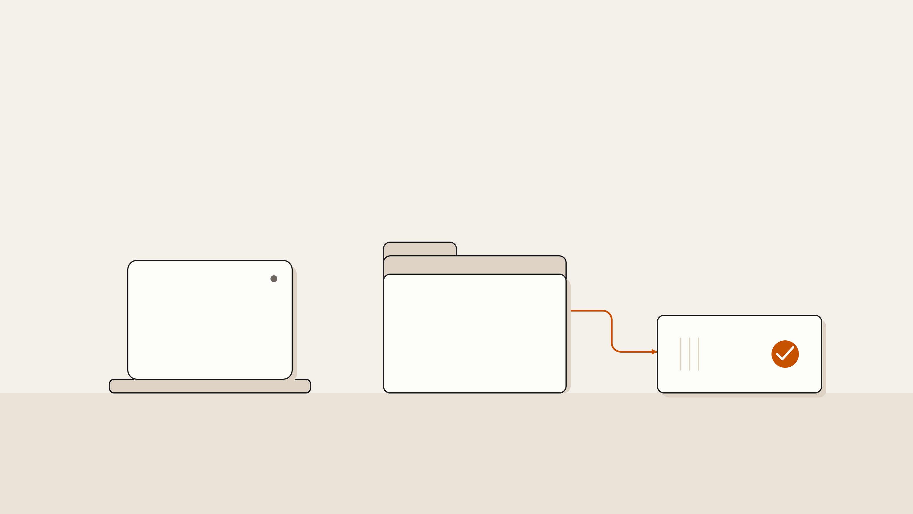 Flat illustration of one folder holding a stack of pages, with a small backup drive beside it joined by a short cable