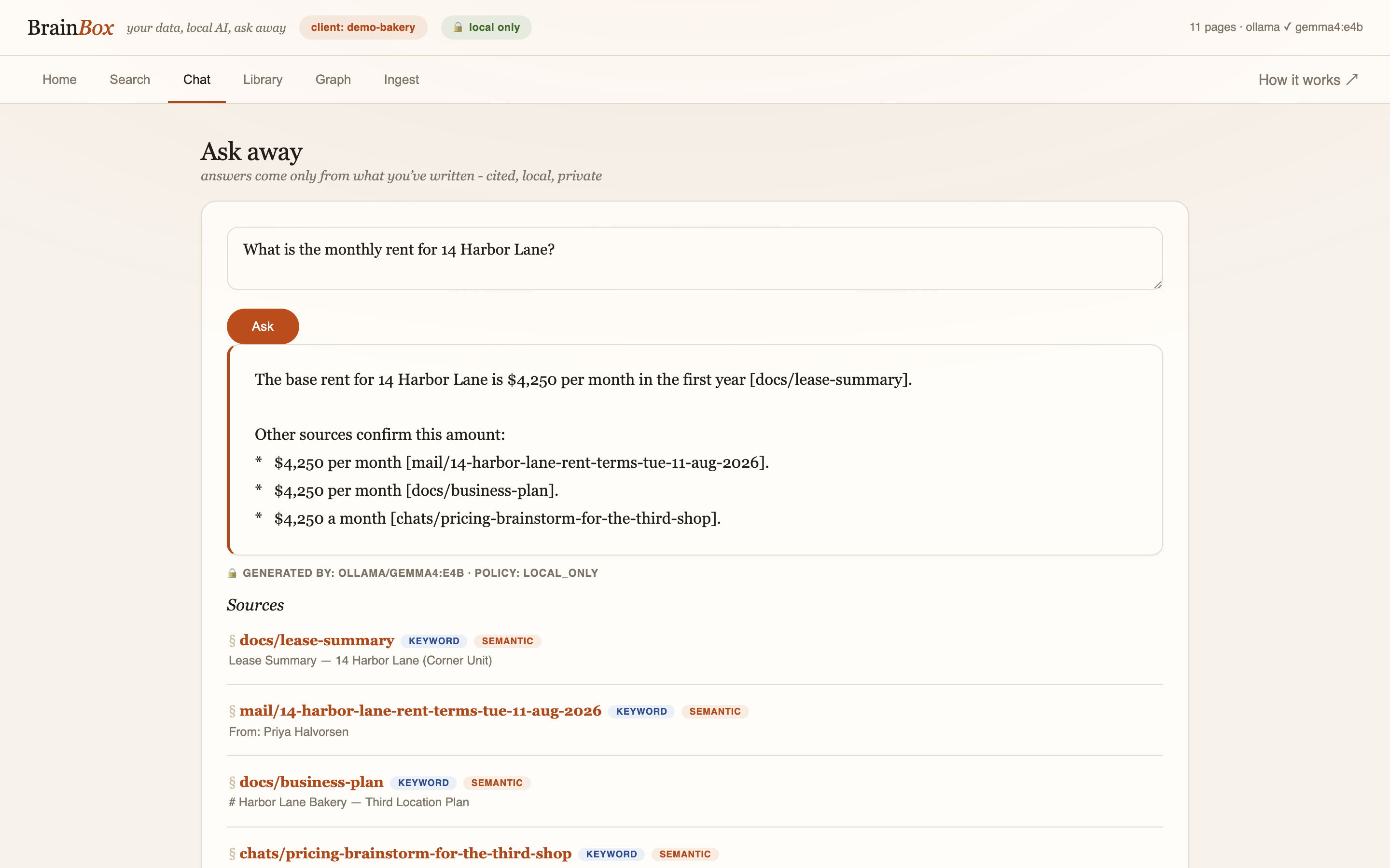 BrainBox chat answer with citations