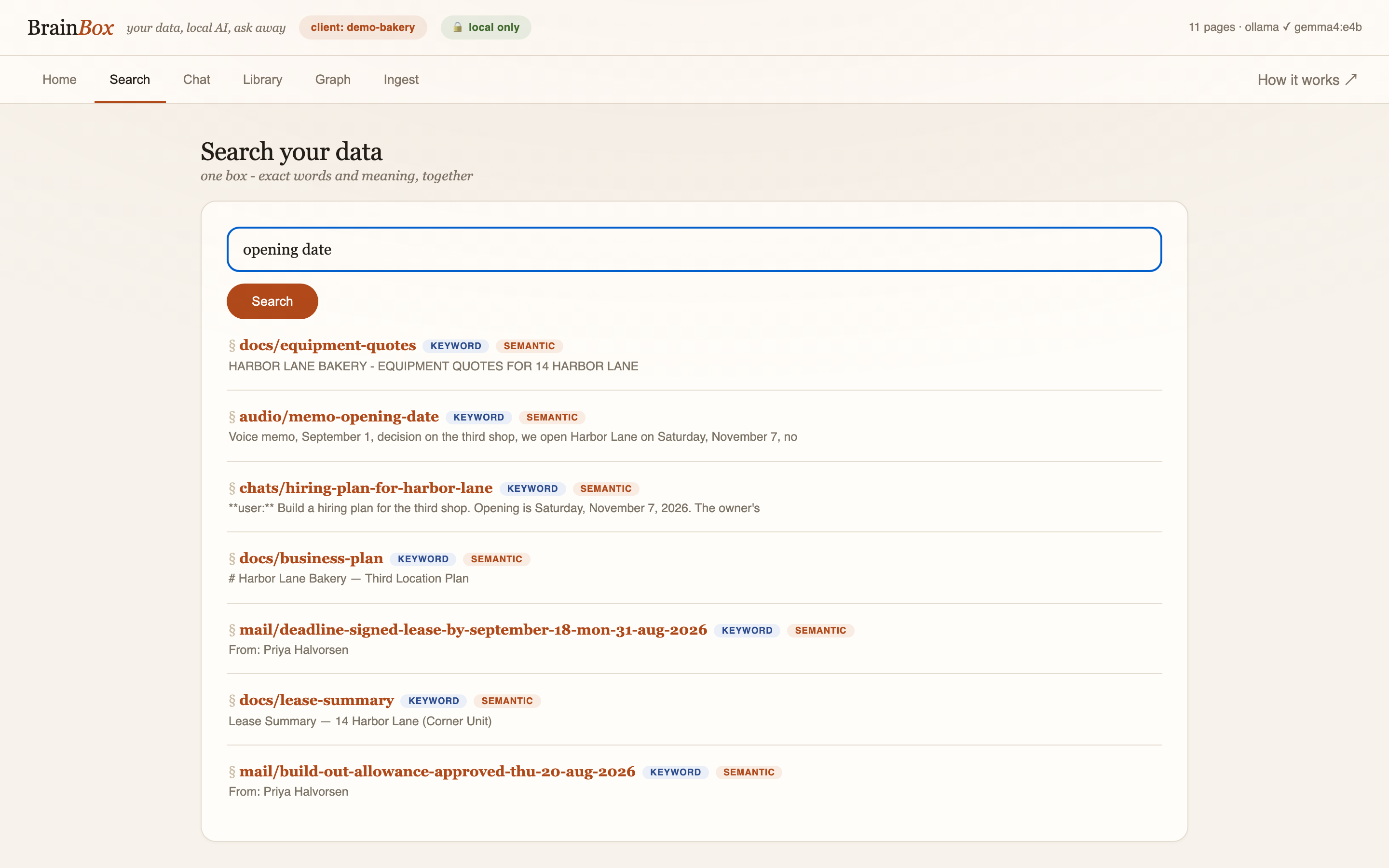 BrainBox search results across documents, mail and a recording